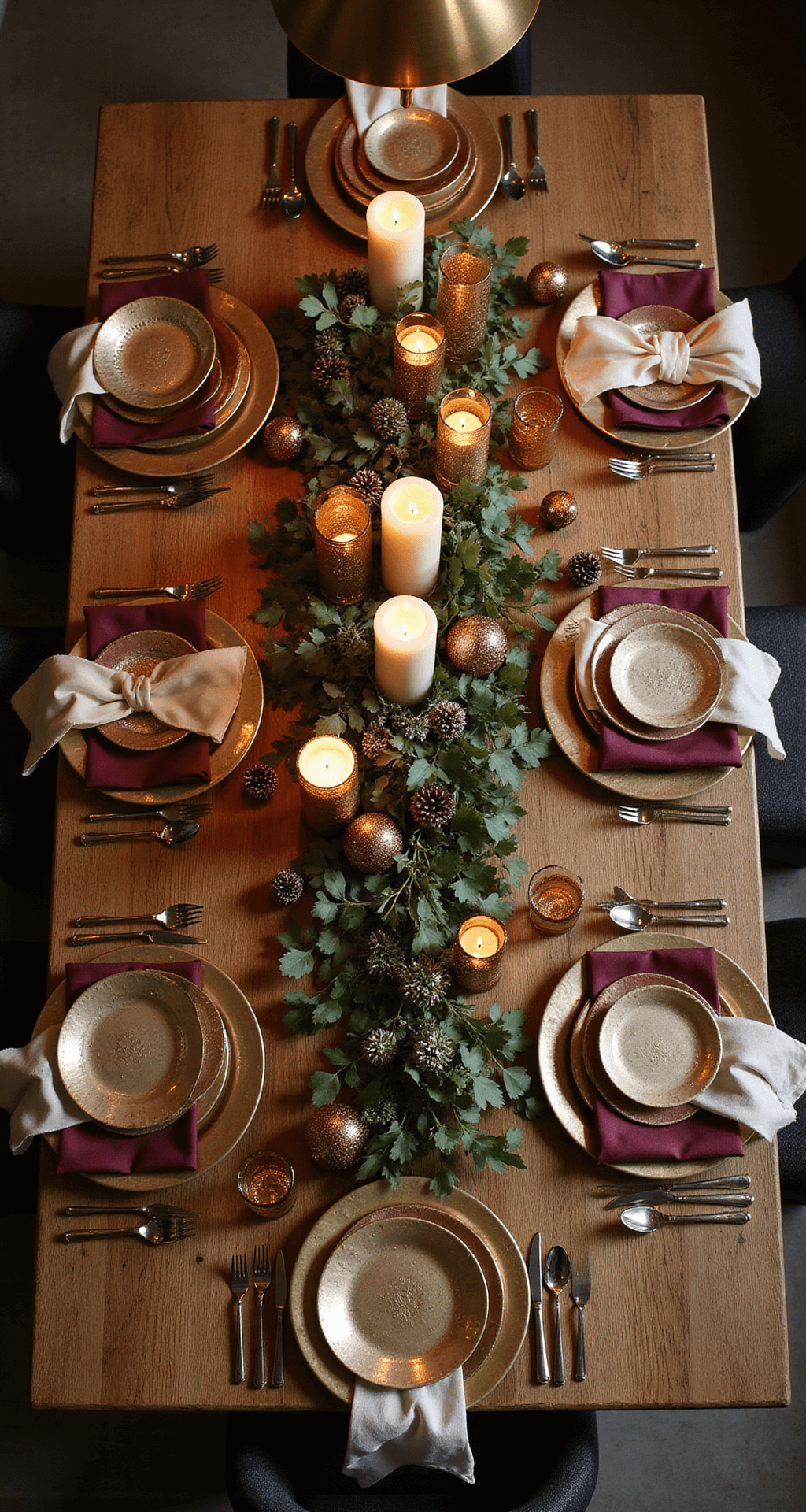 Magical Christmas Decor 2025: Your Ultimate Styling Guide Overhead view of a luxurious metallic Christmas tablescape with hammered gold charger plates, vintage silver goblets, and bronze flatware, featuring a eucalyptus garland centerpiece, gold ribbon, mercury glass votives, champagne-colored metallic pinecones, burgundy napkins, and deep emerald glass ornaments, all illuminated by warm candlelight.
