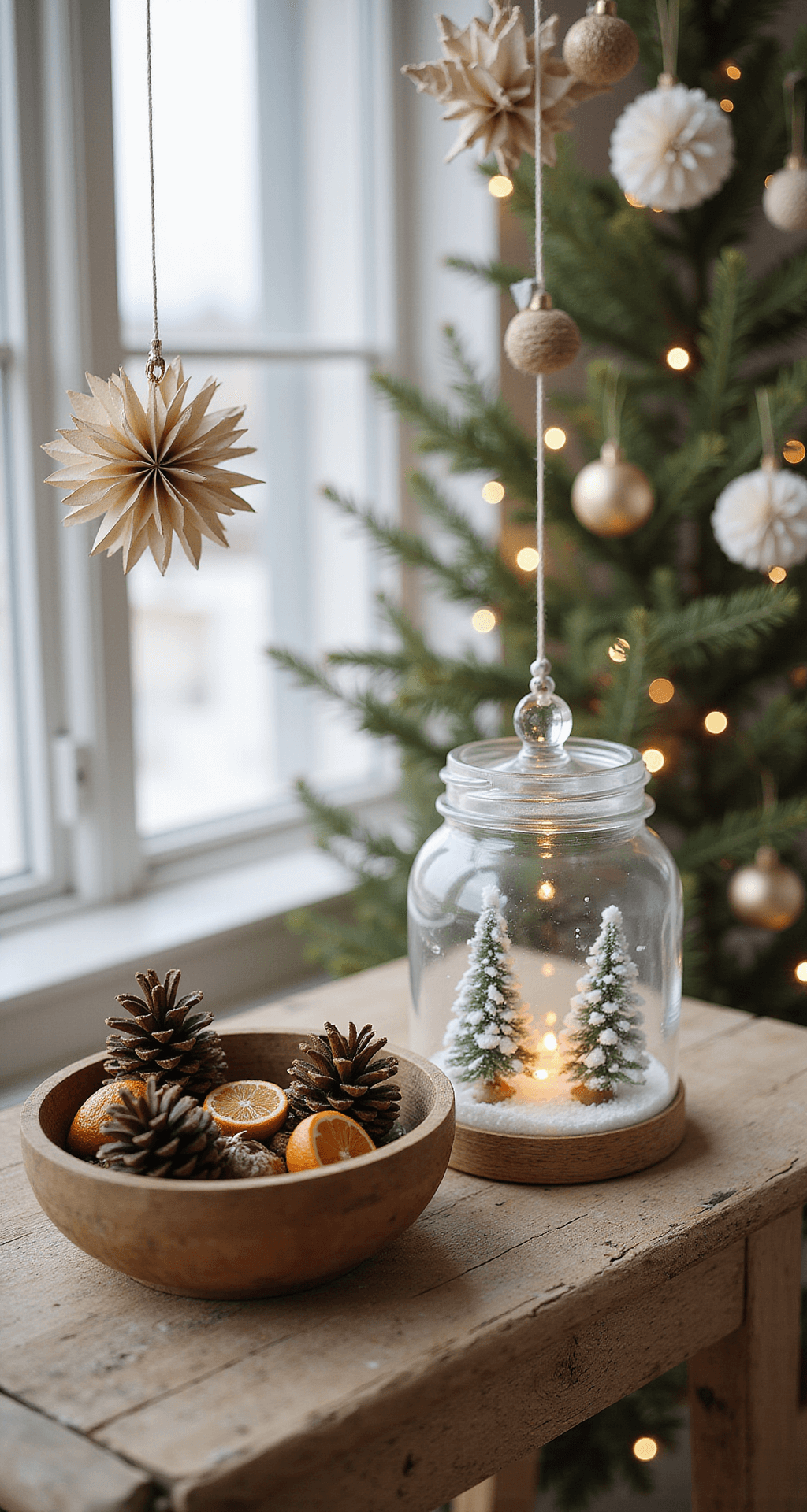 Magical Christmas Decor 2025: Your Ultimate Styling Guide Cozy close-up of a rustic wooden console table adorned with DIY Christmas decorations, including mason jar snow globes, paper snowflakes, foraged pinecones in a vintage bowl, and twine and dried orange slice ornaments, illuminated by warm white fairy lights.