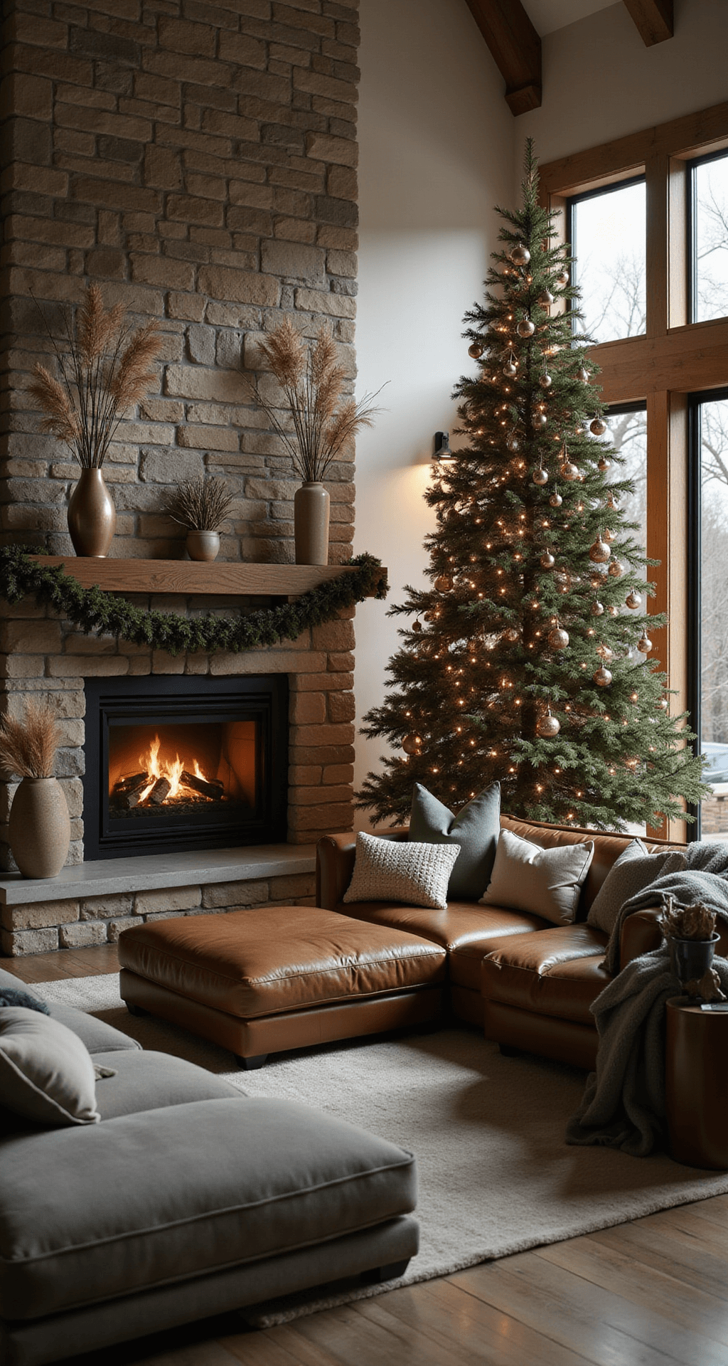 Magical Christmas Decor 2025: Your Ultimate Styling Guide Moody interior shot of an elegant Christmas living room featuring a stone fireplace with deep moss green garland, a rich mocha leather sectional sofa with sage and cream pillows, and a tree adorned in bronze and warm earth tones, surrounded by natural elements like preserved branches and pampas grass, all evoking a modern holiday aesthetic during the blue hour.