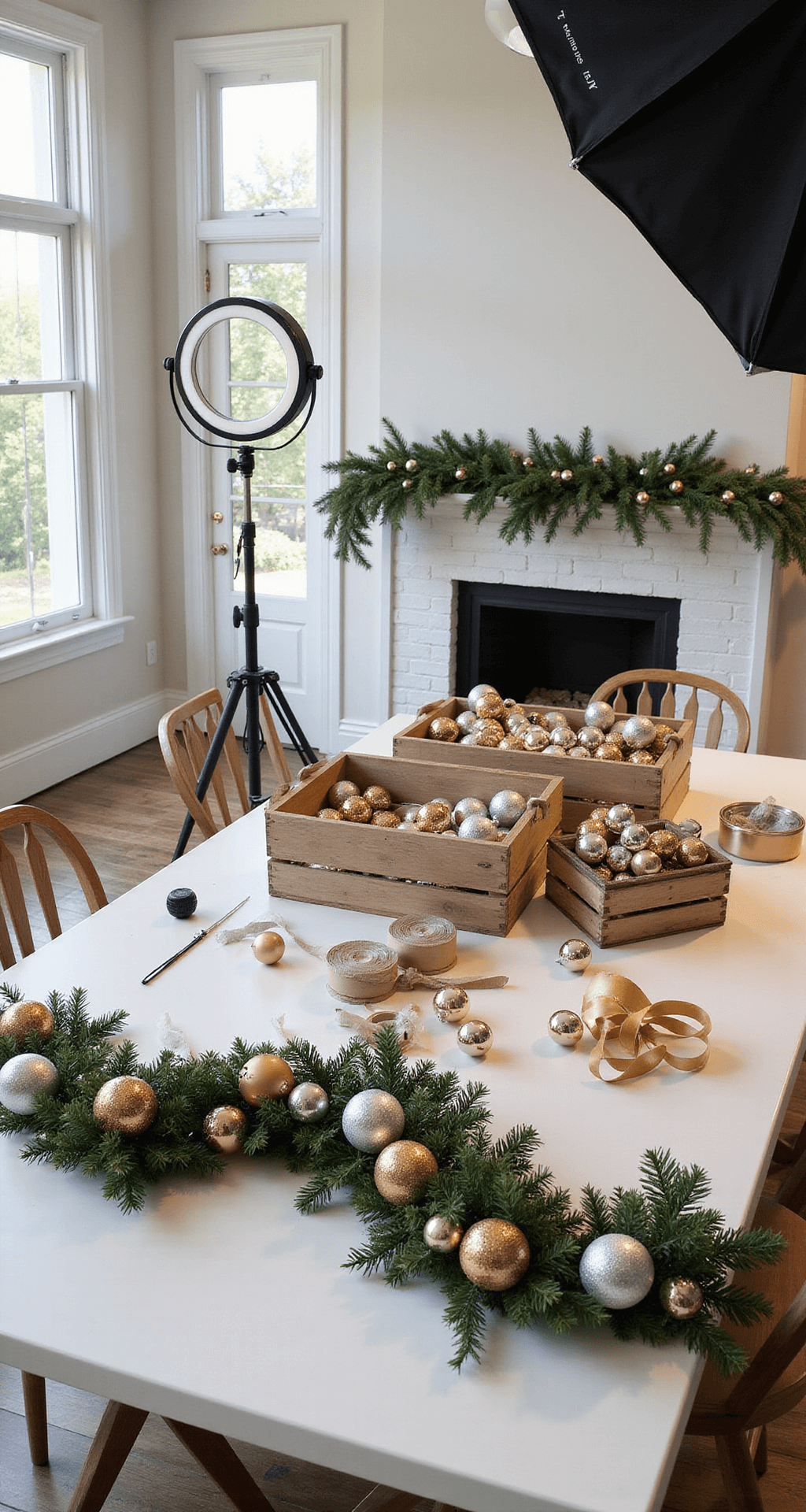 Magical Christmas Decor 2025: Your Ultimate Styling Guide Professional lifestyle photograph of a Christmas styling workspace featuring a dining room mid-transformation with a white farmhouse table, styling tools, a professional ring light, metallic ornaments in vintage crates, rolls of ribbon, and a partially decorated garland, all illuminated by bright morning light from large windows and a softbox.