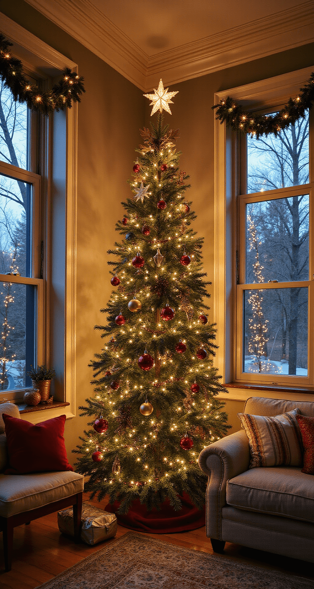 Magical Christmas Decor 2025: Your Ultimate Styling Guide A beautifully decorated Christmas living room featuring a tall tree adorned with vintage and handmade ornaments, warm lighting, and a cozy, eclectic atmosphere, showcasing 2025 holiday trends.