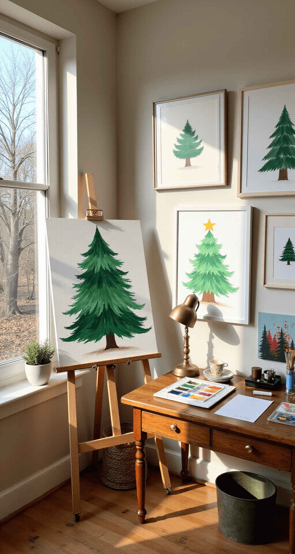 Christmas Tree Art: A Festive Journey of Creativity and Expression A cozy artist's studio with cream walls and hardwood floors, featuring a vibrant watercolor Christmas tree painting on a wooden easel, framed tree artwork on the gallery wall, and a desk with art supplies, illuminated by afternoon sunlight.
