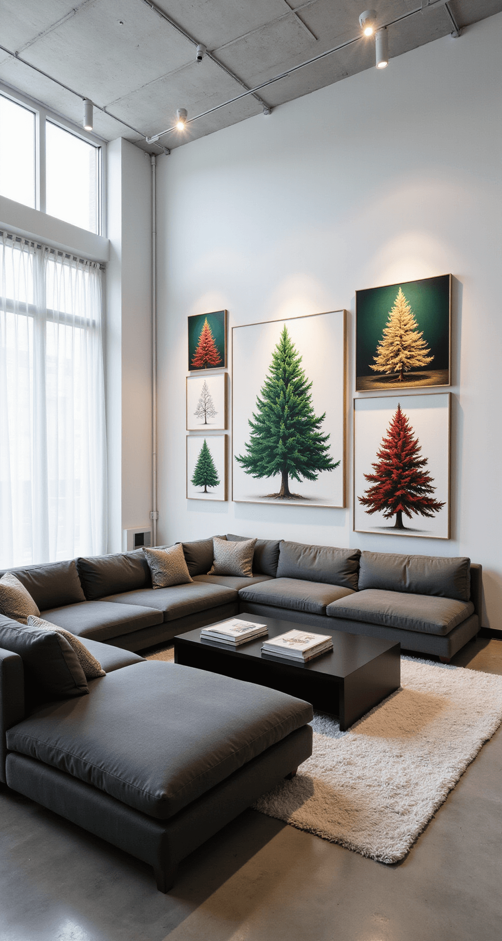 Christmas Tree Art: A Festive Journey of Creativity and Expression A modern living room transformed into a Christmas tree art gallery featuring oversized paintings of abstract trees in jewel tones and minimalist designs, with a large sectional sofa, sleek black coffee table, and professional lighting illuminating the artwork against white walls and polished concrete floors.