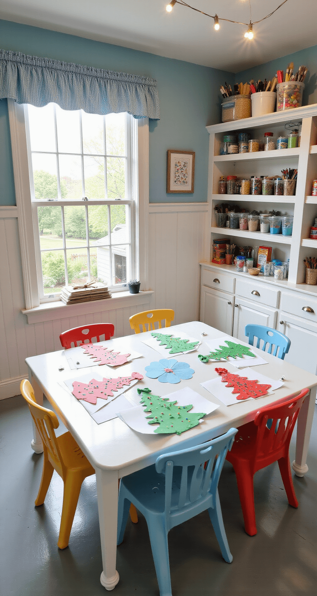 Christmas Tree Art: A Festive Journey of Creativity and Expression Charming craft room with white wainscoting and powder blue walls, showcasing a large white craft table surrounded by colorful plastic chairs, filled with Christmas tree art projects, watercolor experiments, and organized art supplies, bathed in natural light with string lights adding warmth.