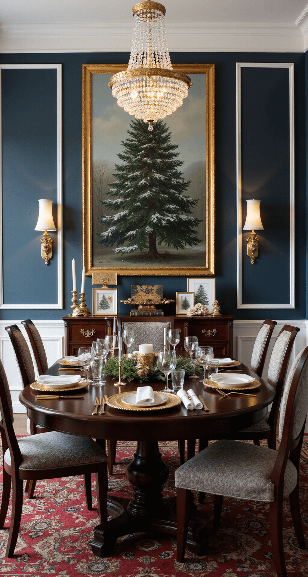 Christmas Tree Art: A Festive Journey of Creativity and Expression Elegant dining room decorated for Christmas with a navy accent wall, dark walnut table set for entertaining, framed tree art as a centerpiece, and a large oil painting of an evergreen above the sideboard, illuminated by a crystal chandelier.