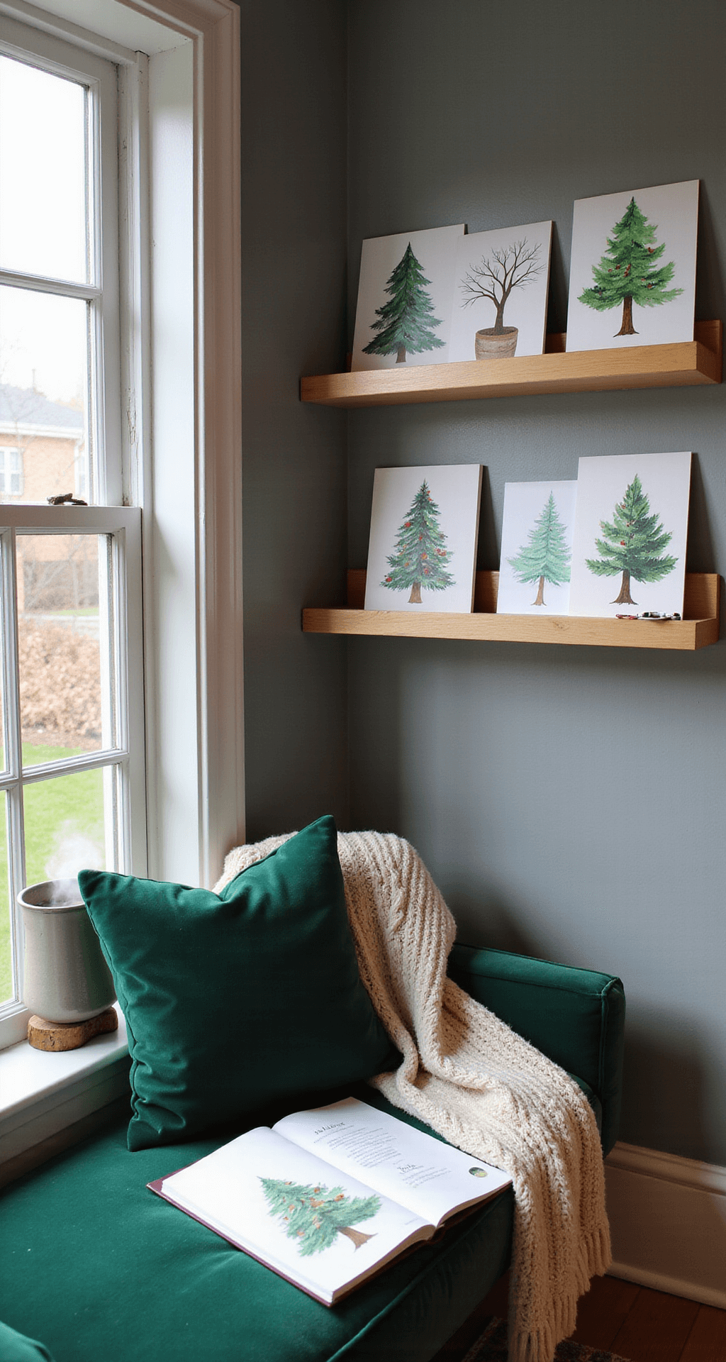 Christmas Tree Art: A Festive Journey of Creativity and Expression Cozy reading nook with a window seat in forest green velvet, showcasing handmade Christmas tree greeting cards on floating shelves, an open sketchbook with tree sketches, watercolor palette, and a steaming mug of cocoa on a round side table. Soft cream cable knit throw draped over the seat, natural light from a multi-paned window, warm gray walls, hardwood floors with a winter-colored braided rug.