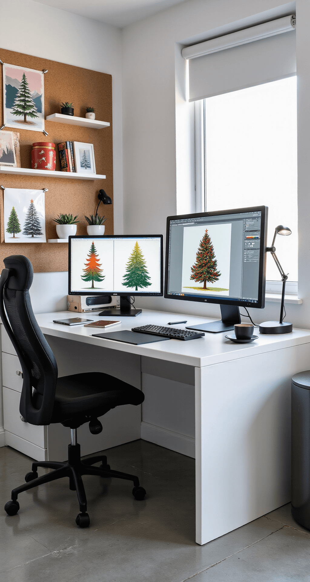Christmas Tree Art: A Festive Journey of Creativity and Expression Contemporary home office with digital Christmas tree art on screens, featuring a minimalist white lacquer desk, ergonomic black chair, cork board with inspirations, and vibrant geometric designs in progress. Polished concrete floors and stark white walls enhance the tech-savvy workspace.
