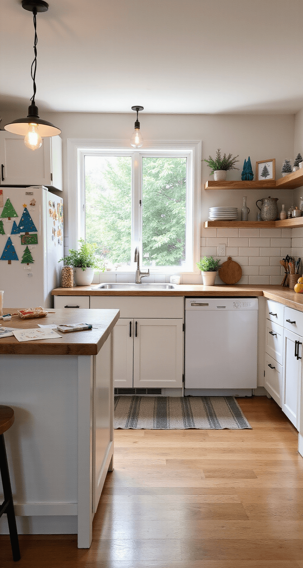 Christmas Tree Art: A Festive Journey of Creativity and Expression Warm family kitchen featuring children's Christmas tree art displayed on the refrigerator and wall-mounted shelves, complemented by white shaker cabinets, butcher block countertops, and a cozy window view of evergreen trees.