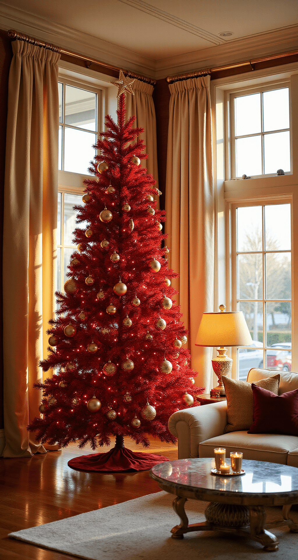 Red Christmas Tree: The Bold Holiday Decor Statement You Need This Year Luxurious living room with an 8-foot red artificial Christmas tree, 12-foot ceilings, hardwood floors, and cream silk window drapes, adorned with gold ornaments and complemented by a cream velvet sectional sofa, burgundy and gold pillows, crystal table lamps, and a marble coffee table with festive candles.