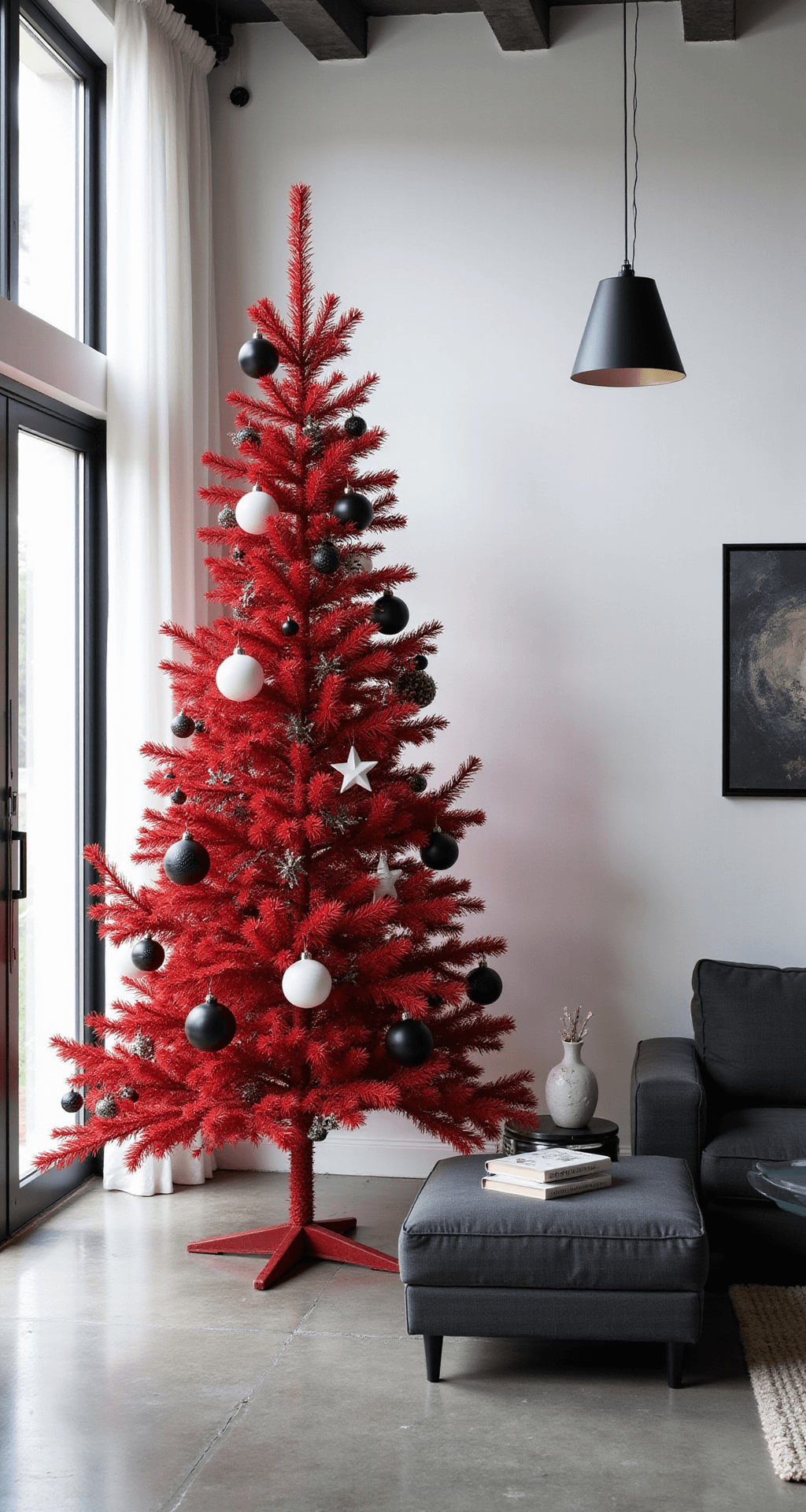Red Christmas Tree: The Bold Holiday Decor Statement You Need This Year Modern minimalist living space featuring a 6-foot red Christmas tree with black and white geometric ornaments against white walls, polished concrete floors, and floor-to-ceiling windows, complemented by a charcoal sectional sofa and industrial pendant lighting.