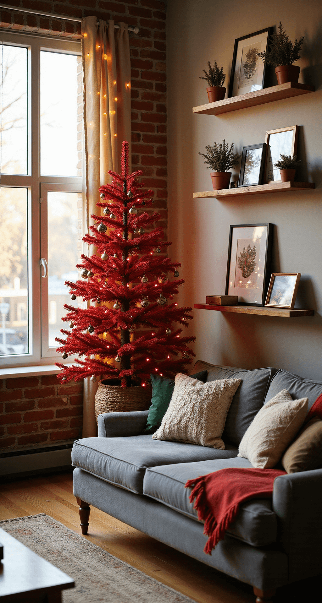 Red Christmas Tree: The Bold Holiday Decor Statement You Need This Year Cozy apartment living room with a red Christmas tree by a large window, featuring built-in shelving, exposed brick wall, and oak flooring, illuminated by warm afternoon sunlight and string lights, creating a hygge holiday atmosphere.