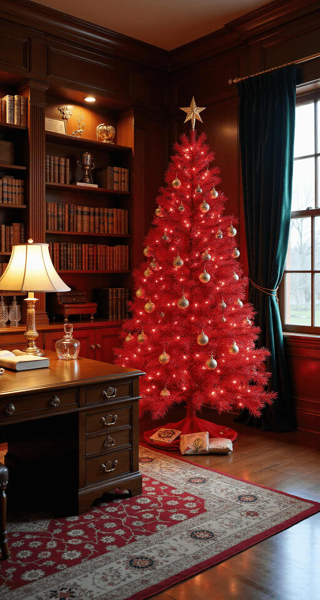 Red Christmas Tree: The Bold Holiday Decor Statement You Need This Year Elegant home office adorned for the holidays, featuring a 7-foot pre-lit red Christmas tree beside mahogany bookshelves, coffered ceilings, and a leather executive chair in an antique desk setting, illuminated by warm ambient lighting and mixed metallic ornaments.