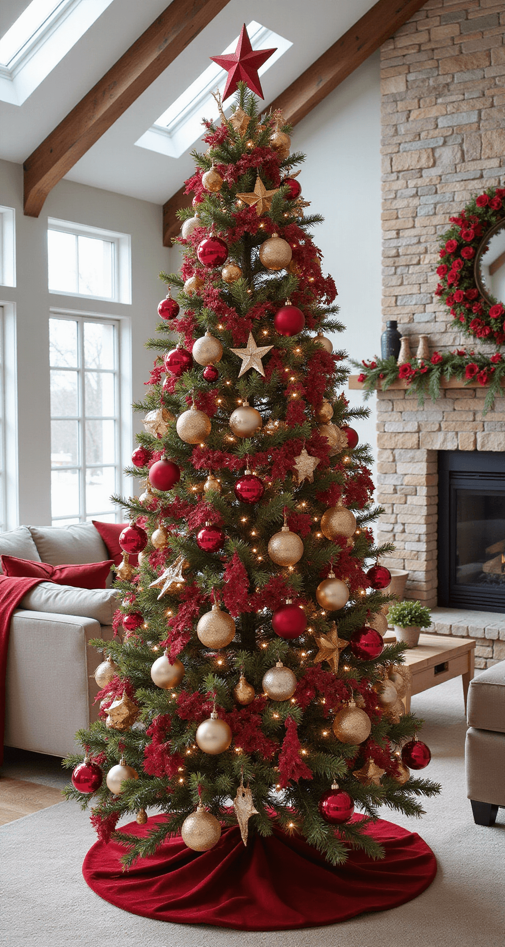 Red Christmas Tree: The Bold Holiday Decor Statement You Need This Year Contemporary family room decorated for Christmas with a red tree featuring mixed ornaments, vaulted ceilings, and a stone fireplace, illuminated by bright morning light.