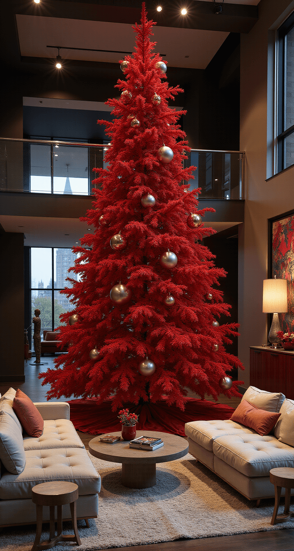 Red Christmas Tree: The Bold Holiday Decor Statement You Need This Year A dramatic living room featuring a bold 9-foot red Christmas tree as a central design piece, surrounded by contemporary neutral furniture, oversized metallic ornaments, and moody evening lighting, all set against soaring ceilings and floor-to-ceiling windows.