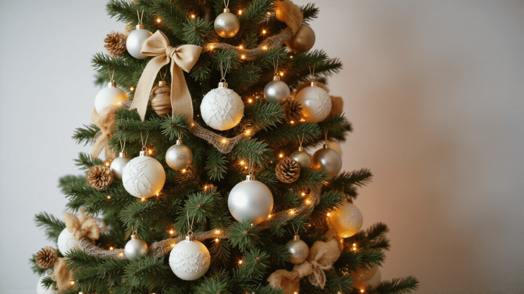 The Ultimate Guide to Aesthetic Christmas Trees in 2024: From Minimalist Chic to Maximalist Magic A beautifully styled 7-foot Fraser fir Christmas tree with minimalist white and gold ornaments, warm amber fairy lights, velvet ribbons, and natural textures like wooden beads and pinecones, captured during golden hour against a clean neutral background.