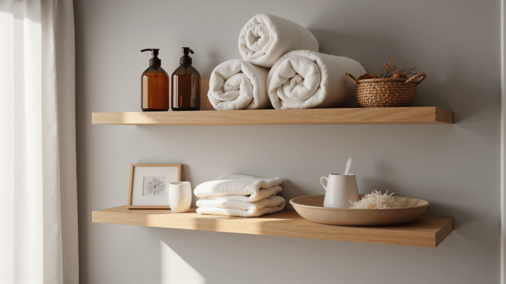 Bathroom Shelf Styling: Transform Your Space from Functional to Fabulous Cinematic close-up of modern floating wooden bathroom shelves styled with spa accessories, including rolled towels, amber glass bottles, and decorative ceramics, illuminated by soft afternoon light.