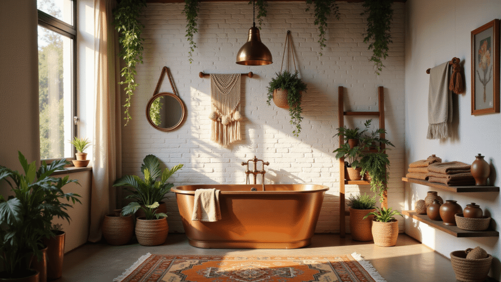 A sunlit bohemian bathroom featuring a freestanding copper bathtub, whitewashed brick walls adorned with macramé hangings, trailing plants, and vintage rugs, captured in warm, atmospheric lighting with a shallow depth of field.