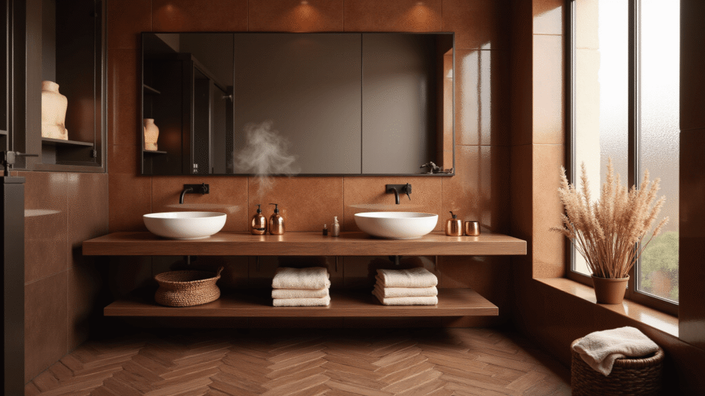 Brown Bathroom Decor: Creating a Warm and Inviting Sanctuary A luxurious brown bathroom sanctuary featuring chocolate tiles, a walnut vanity, matte black fixtures, and copper accents, illuminated by warm golden hour light, creating a spa-like atmosphere.