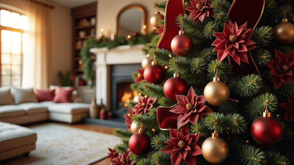 A Luxurious Burgundy Christmas Tree: Your Ultimate Styling Guide A luxurious 9-foot Fraser fir Christmas tree adorned with burgundy velvet ribbon and champagne gold ornaments in an elegant living room, featuring soft lighting and a cozy fireplace.