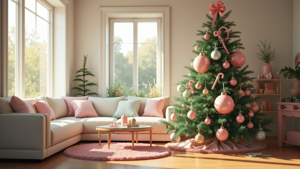 Magical Candy Christmas Tree: A Sweet Holiday Decor Wonderland A whimsical candy-themed Christmas tree adorned with oversized pink and mint green lollipop ornaments, candy canes, and cupcake baubles, illuminated by soft golden hour light in a modern living room, with a plush cream sectional sofa and scattered DIY craft supplies nearby.