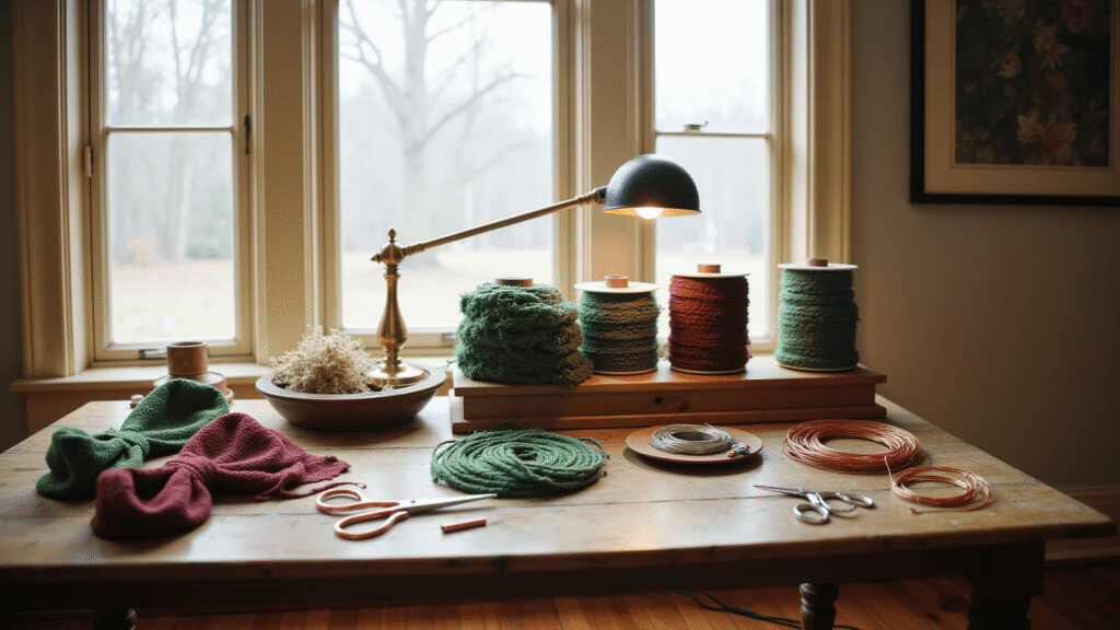 Cozy crafting workspace featuring a weathered oak worktable with organized Christmas bow-making supplies, including emerald and burgundy ribbons, copper pipe cleaners, and professional scissors, illuminated by natural morning light through a bay window and a vintage brass desk lamp.