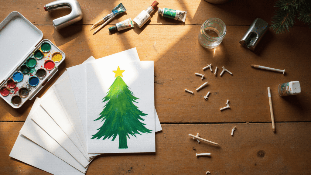 Christmas Tree Art: A Festive Journey of Creativity and Expression A warm golden-lit artist's workspace with a rustic wooden table, featuring scattered Christmas tree art supplies including watercolor paints, cardstock, brushes, and Q-tips, evoking a cozy and inspiring atmosphere.