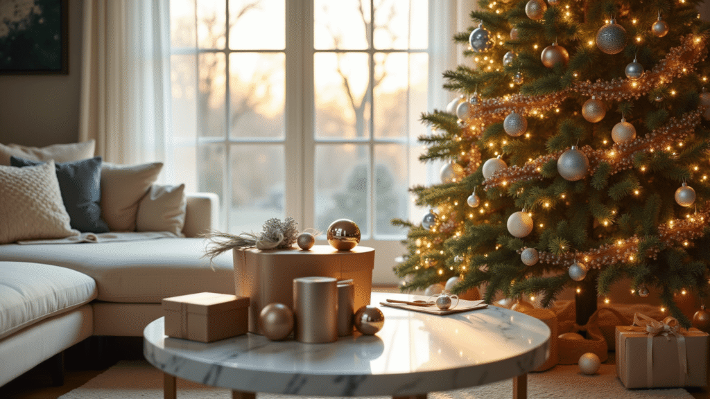 Magical Christmas Tree Decorating: Your Ultimate Guide to Festive Home Styling A beautifully decorated 9-foot Fraser fir Christmas tree in a modern minimalist living room, featuring warm white fairy lights, metallic silver and rose gold baubles, and emerald green garland, with natural light highlighting the scene.