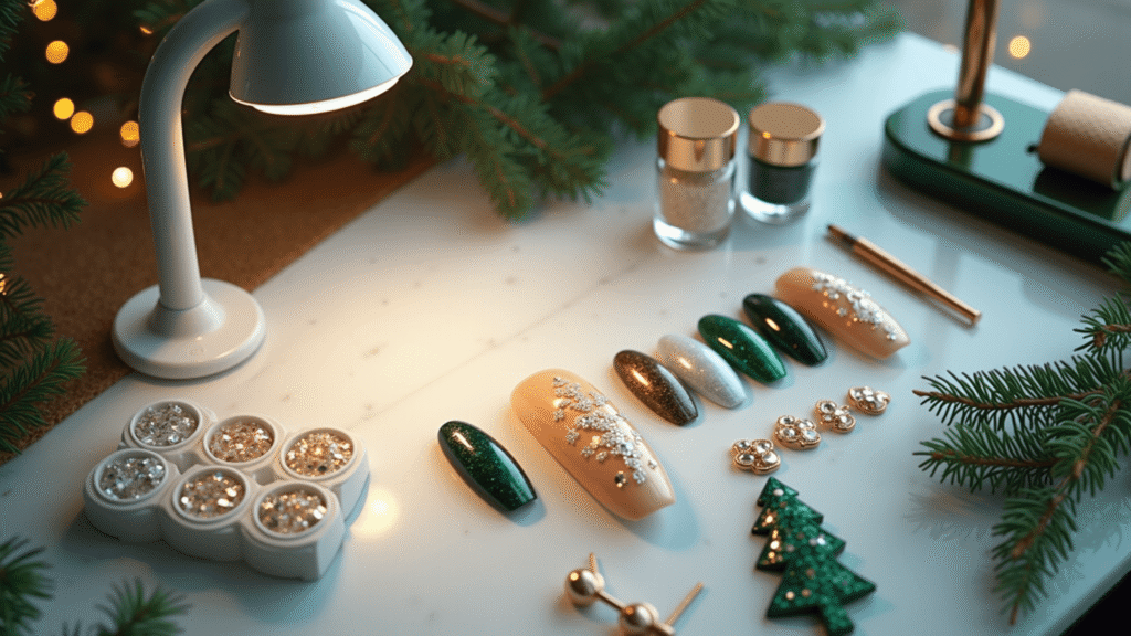 Festive Flair: Mastering Christmas Tree Nail Art Design A professional nail art studio with a marble workspace featuring organized gel polishes, brushes, and glitters, capturing a partially finished Christmas tree nail design on a practice hand, illuminated by a LED lamp, with warm twinkle lights and pine branches blurred in the background.