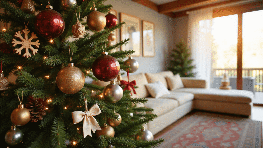 Ultimate Guide to Christmas Tree Ornaments: Decking Your Halls with Style and Personality Cinematic close-up of Fraser fir tree branches decorated with a variety of ornaments, including glass baubles, wooden snowflakes, metallic bells, and fabric bows, in warm golden hour lighting with a cozy living room backdrop.