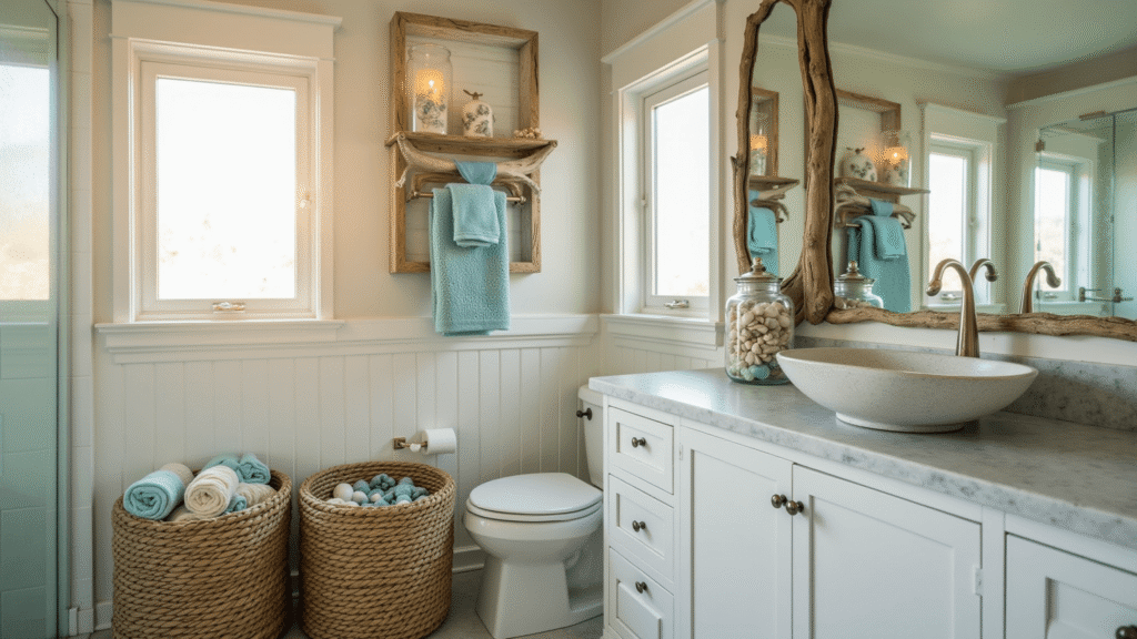 Beach Bathroom Decor: Transform Your Space into a Coastal Oasis A serene coastal bathroom featuring a driftwood vanity, vessel sink, and soft blue-gray accent walls, illuminated by golden hour sunlight. Decorated with seashells in glass jars, nautical brass fixtures, and fluffy towels in ocean hues, the space evokes a tranquil seaside atmosphere.