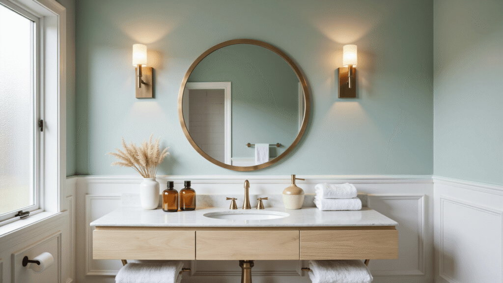 Photorealistic interior of a luxurious coastal modern guest bathroom featuring seafoam green walls, a bleached oak floating vanity, large brass-framed mirror, modern sconces, and artisanal decor, captured in soft natural lighting.