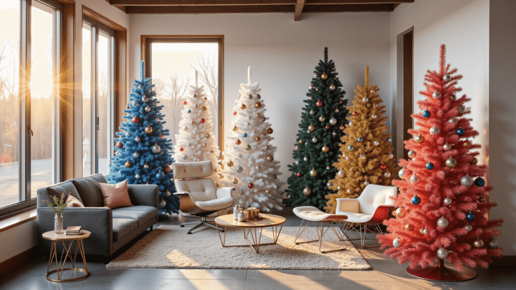 Colorful Christmas Trees: A Festive Twist on Holiday Decor A collection of colorful artificial Christmas trees in a modern living space, featuring vibrant pink, blue, gold, white, and copper trees adorned with jewel-toned ornaments and warm lighting, complemented by mid-century modern furniture and rich textures.