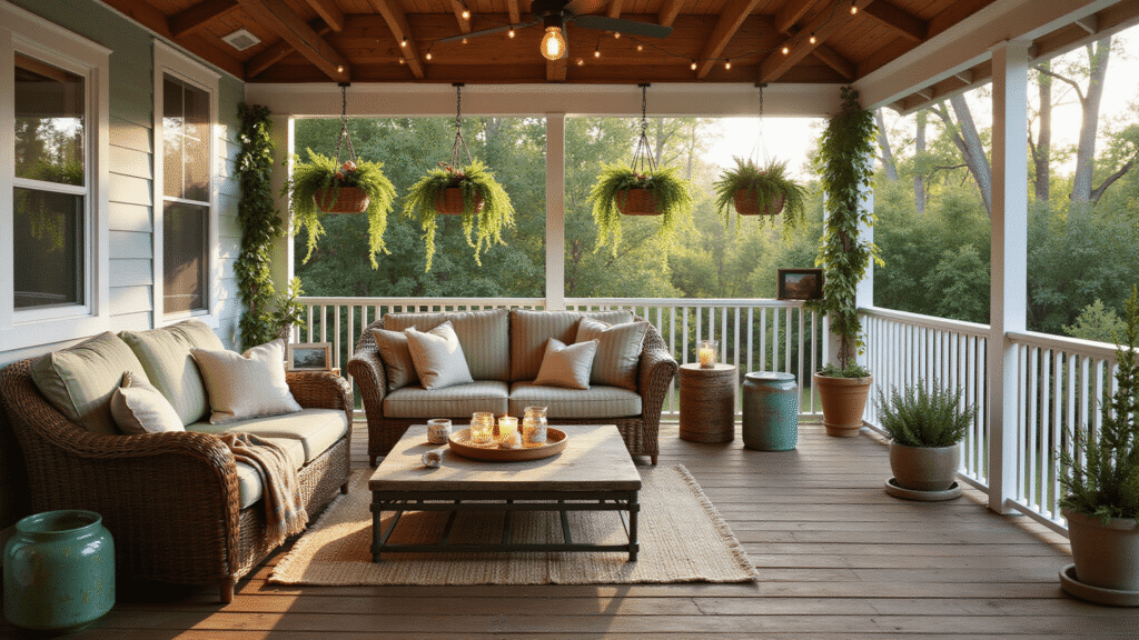 Back Porch Decorating Ideas: Transform Your Outdoor Retreat Cinematic wide-angle photograph of a cozy back porch retreat featuring wicker furniture, hanging ferns, string lights, and vibrant succulents, all captured during golden hour with warm natural light and layered textures.