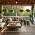 Cinematic wide-angle photograph of a cozy back porch retreat featuring wicker furniture, hanging ferns, string lights, and vibrant succulents, all captured during golden hour with warm natural light and layered textures.