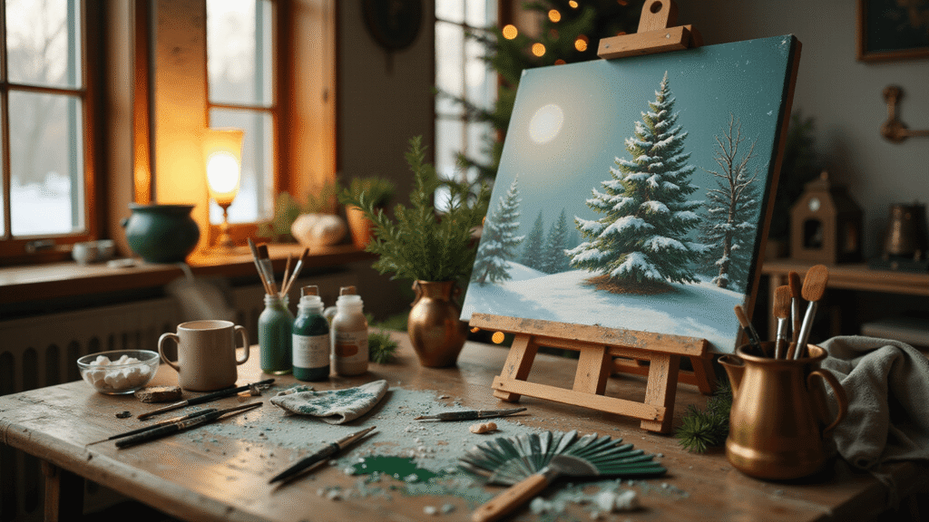 Magical Christmas Tree Paintings: A Complete Guide for Artists of All Levels Cinematic shot of a cozy artist studio corner featuring a snow-covered Christmas tree painting on a rustic easel, surrounded by acrylic paints, brushes, a steaming mug of cocoa, and warm fairy lights.
