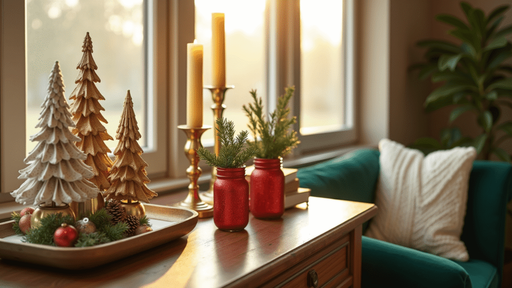 A cozy holiday vignette featuring a rustic console table adorned with DIY Dollar Tree crafts, including a gold pedestal tray with decoupaged napkins, wooden bead Christmas trees, and glittery mason jars with pine sprigs, all bathed in warm golden hour light with a velvet sofa in the background.