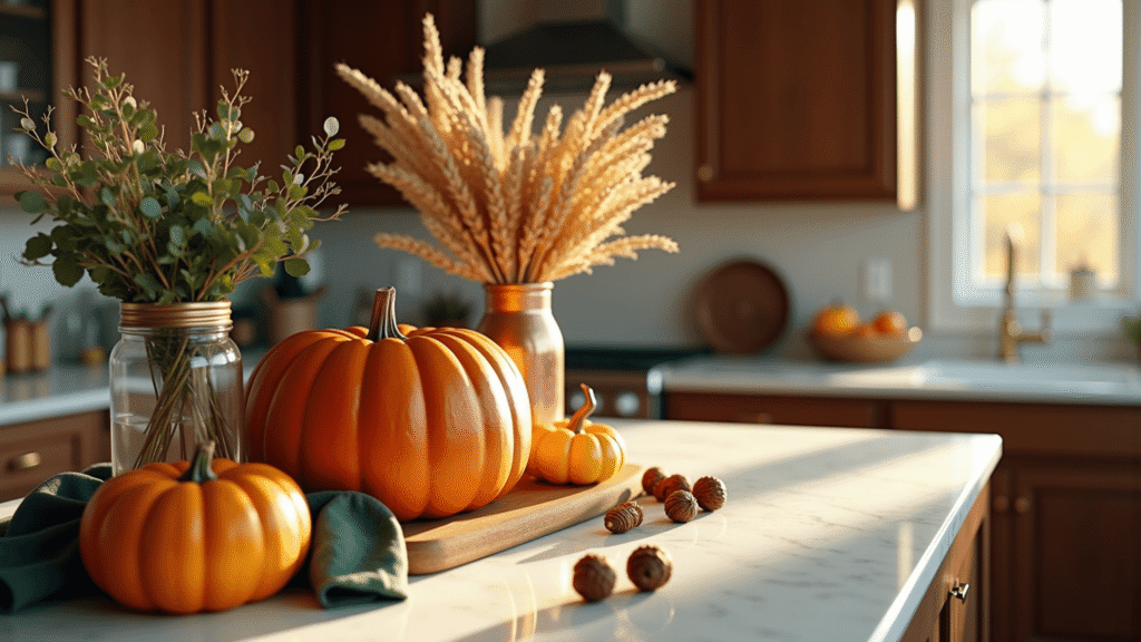 Cozy Fall Kitchen Decor: Transform Your Space with Warmth and Seasonal Charm A cozy autumn kitchen scene featuring a large burnt orange ceramic pumpkin on a marble countertop, accompanied by copper vessels and mason jars filled with dried wheat and eucalyptus, accented by dark walnut cabinets and warm lighting.