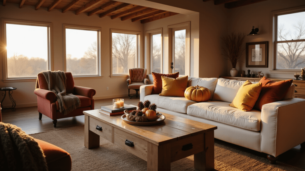 Cozy Fall Decor: Transform Your Home into an Autumn Haven A cozy fall living room featuring a cream sectional sofa with rust-colored pillows, a reclaimed wood coffee table adorned with candles and pinecones, and warm amber sunlight streaming through large windows, creating an inviting autumn ambiance.