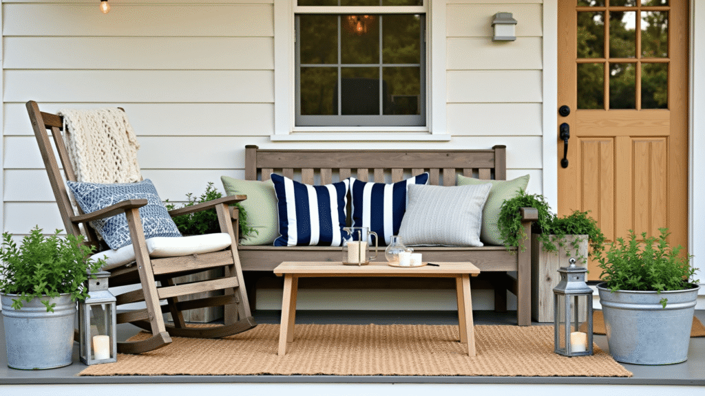 Creating a Cozy Front Porch: Your Ultimate Styling Guide A cozy front porch with a weathered rocking chair and navy striped cushions, rustic bench with a cream cable-knit blanket, galvanized herb planters, Edison bulb string lights, and golden hour lighting, creating a warm and inviting atmosphere.