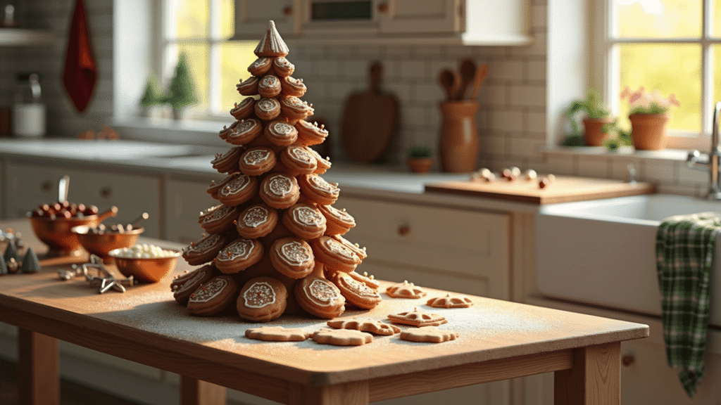 A cozy kitchen bathed in warm sunlight features a three-tier gingerbread Christmas tree on a rustic wooden table, surrounded by copper mixing bowls filled with colorful candies and star-shaped cookie cutters, with vintage tea towels, shiplap walls, and creamy cabinets in the background.