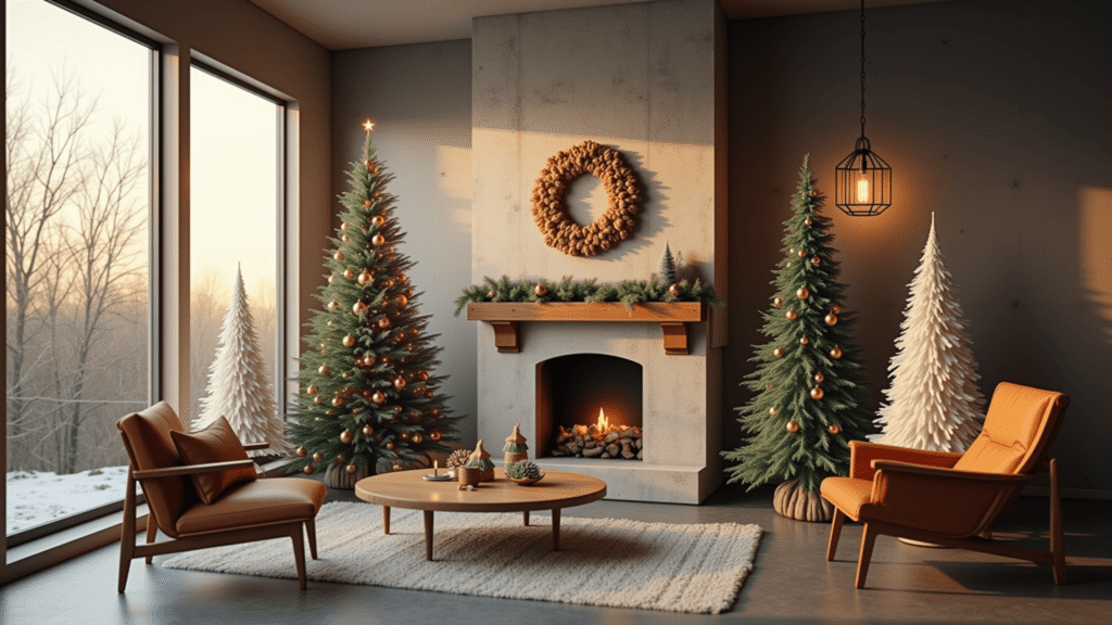 DIY Christmas Tree: Your Ultimate Guide to Festive Home Decoration Photorealistic interior showcasing various DIY Christmas trees in a contemporary living space, featuring golden hour sunlight, a rustic wooden tree with vintage ornaments, a macramé tree, origami paper tree, chrome geometric tree, and a yarn-gradient tree, complemented by modern furnishings and a warm color palette.