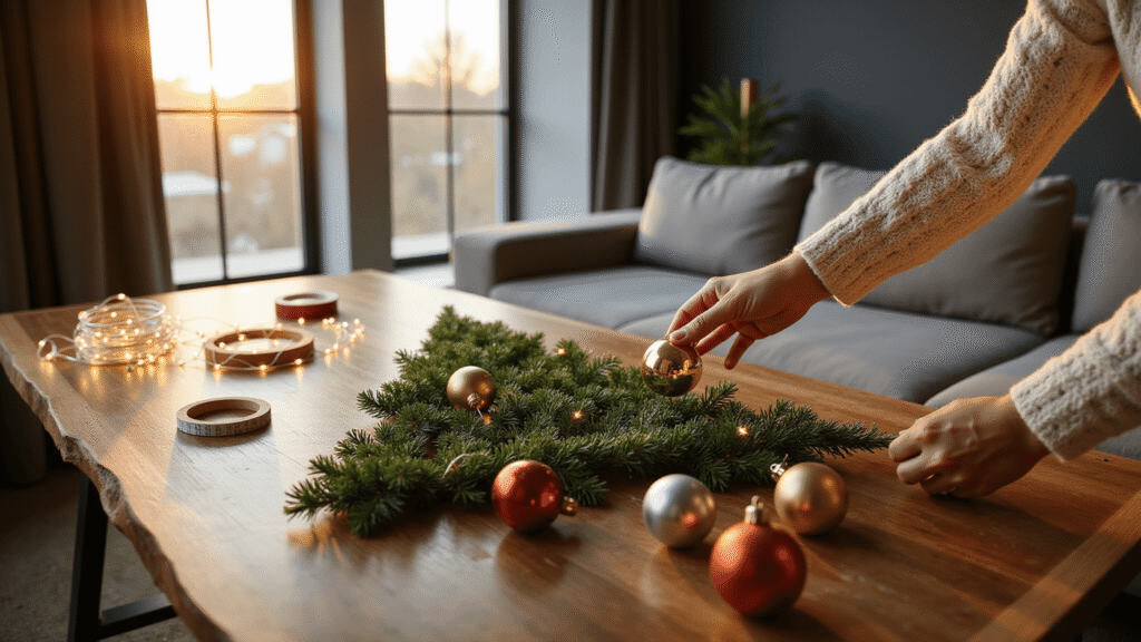 Modern Magic: Creating the Perfect Wall Christmas Tree for Small Spaces Cinematic wide-angle shot of a modern minimalist living room with a DIY garland wall Christmas tree in progress, featuring warm sunlight, crafting materials, and a person's hands hanging a brass bell ornament, all highlighted with inviting warmth and rich textures.