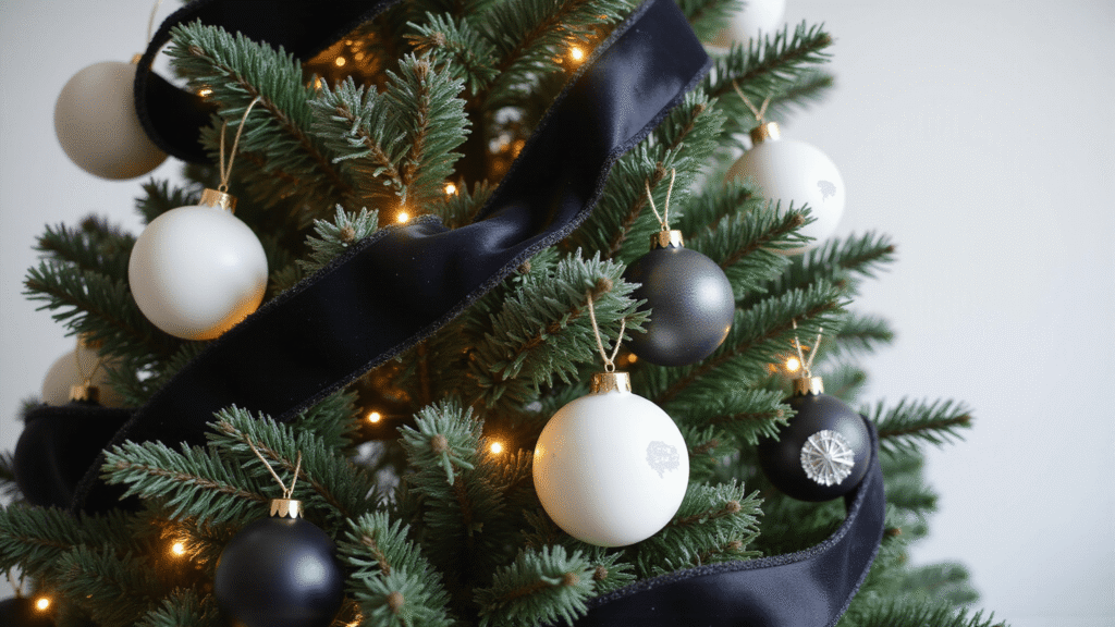 A Black and White Christmas Tree: Modern Elegance Meets Festive Cheer Close-up of an elegant black and white Christmas tree adorned with matte black and glossy white ornaments, velvet ribbons, and warm LED lights, set against a pristine white background, highlighting rich textures and inviting holiday ambiance.
