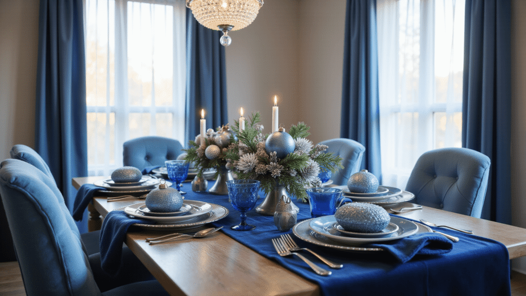 Blue Christmas Decor: A Serene and Sophisticated Holiday Styling Guide Elegant holiday dining room with navy velvet table runner, frosted blue ornaments, silver charger plates, and mercury glass votives, illuminated by golden hour light and featuring textured pinecone centerpieces and ice-blue cashmere throws.