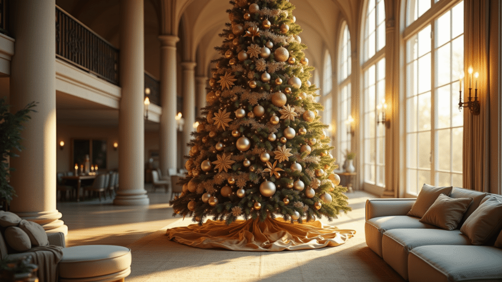 A luxurious 12-foot Christmas tree adorned with gold, white, and champagne ornaments stands in a grand living room with cathedral ceilings, illuminated by warm sunlight streaming through large windows, casting soft shadows. A cream velvet tree skirt and sophisticated seating add elegance to the festive setting.