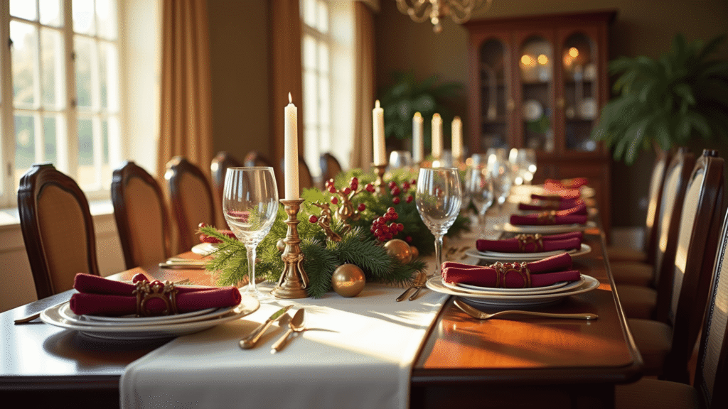 Photorealistic image of an elegant Christmas dining table set for 10, featuring a mahogany table, white linen runner, fresh pine garland with red berries, burgundy taper candles, Spode china place settings, and vintage brass reindeer figurines, all illuminated by warm afternoon sunlight.