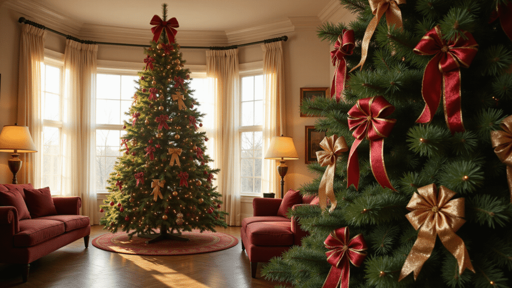 Magical Christmas Tree Bows: Your Ultimate Styling Guide A luxurious living room featuring a majestic 9-foot Noble Fir Christmas tree adorned with cascading wire-edged ribbon bows in metallic gold and deep burgundy, illuminated by warm white LED lights, encompassed by plush velvet furniture and antique brass accents, all captured during golden hour with dramatic natural light filtering through sheer cream curtains.