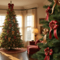 A luxurious living room featuring a majestic 9-foot Noble Fir Christmas tree adorned with cascading wire-edged ribbon bows in metallic gold and deep burgundy, illuminated by warm white LED lights, encompassed by plush velvet furniture and antique brass accents, all captured during golden hour with dramatic natural light filtering through sheer cream curtains.