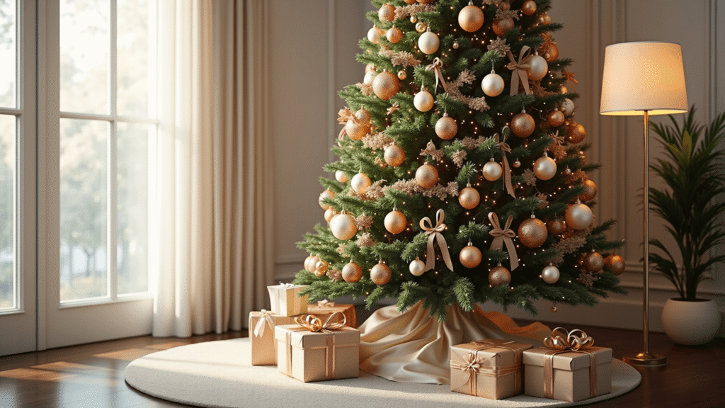 Photorealistic interior scene of a grand 7.5ft Christmas tree in a luxurious living room, featuring champagne, rose gold, and pearl ornaments, illuminated by warm white LED lights, with vintage mercury glass reflecting light, adorned with a cream velvet tree skirt and wrapped presents, captured in soft morning light through sheer white curtains.