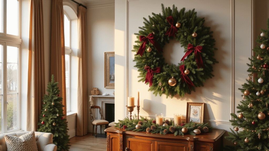 Magical Christmas Wall Decor: Transform Your Home into a Festive Wonderland Cinematic wide-angle shot of an elegant living room featuring a large evergreen wreath with burgundy ribbons and gold ornaments on a cream-colored wall, complemented by a wooden console table with candles and festive decorations, all illuminated by warm golden hour light.